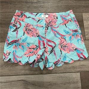 Crown & Ivy Women's Floral High Waist Shorts - Blue and Pink - Scallop Edge